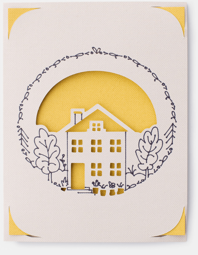 A yellow and white card with an house cut and illustations.