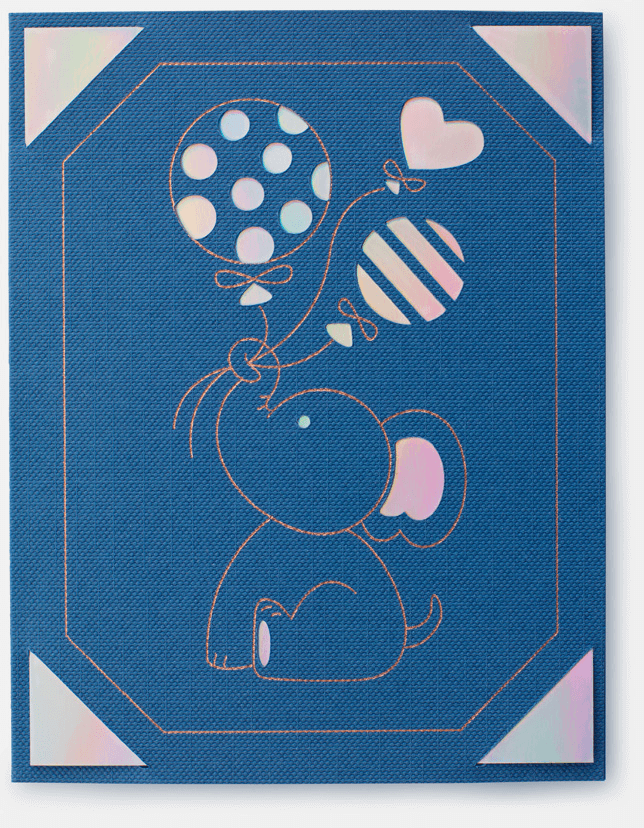 A blue card with an illustated elephant holding some balloons.