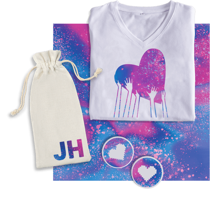 Winebag, Shirt, and Coasters with marbled purple and pink Infusible Ink designs