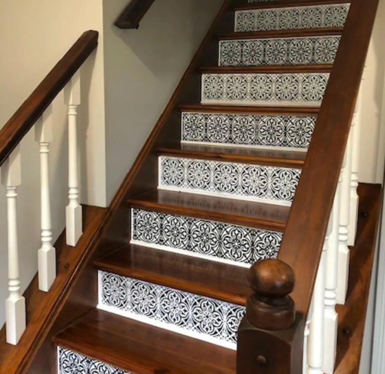 Stairs that have been decorated with a stencil