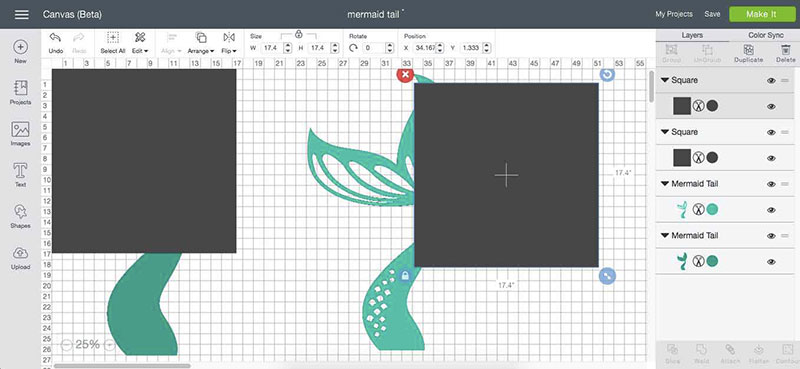 3: Add Square Shapes and Resize Create square shapes that will help you get the mermaid tail to be long enough