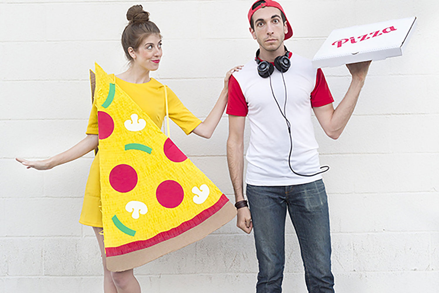 Go as a pizza slice and a delivery boy for a couple's costume