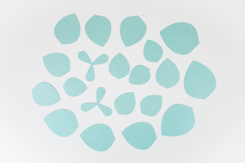 Images of several layers of an aqua colored paper succulent