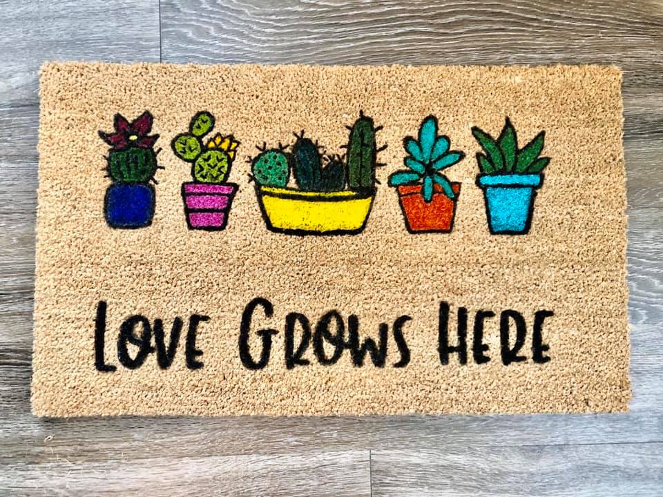 Front door mat with spray paint stencil